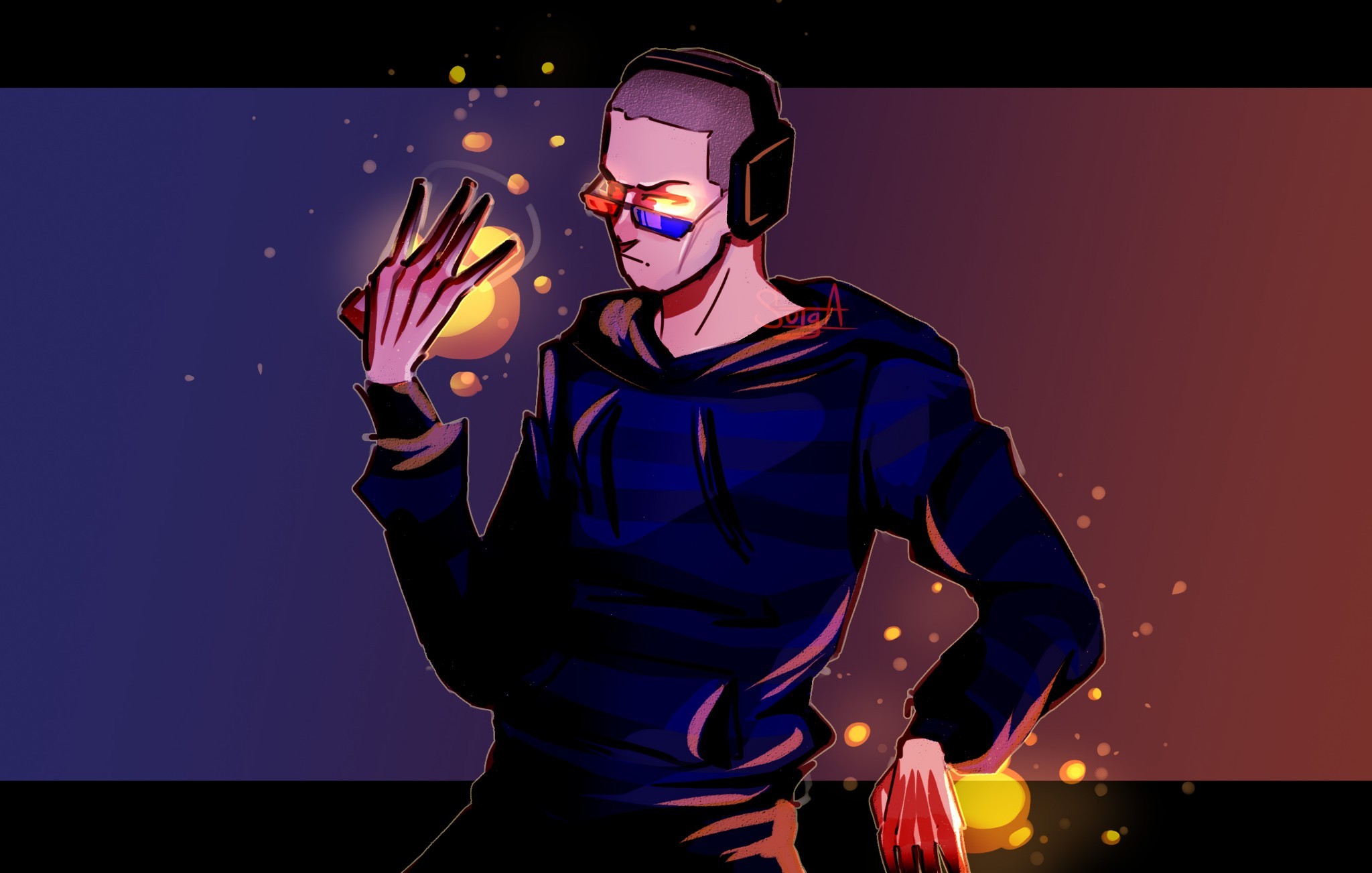 This is a drawing of Jack from the waist up. He is posed very dramatically, turning to glare at the camera. His hands are lit up with a golden light reminsicent of lava. He wears the same outfit as his skin. The background is a cool blue fading into a cool red.